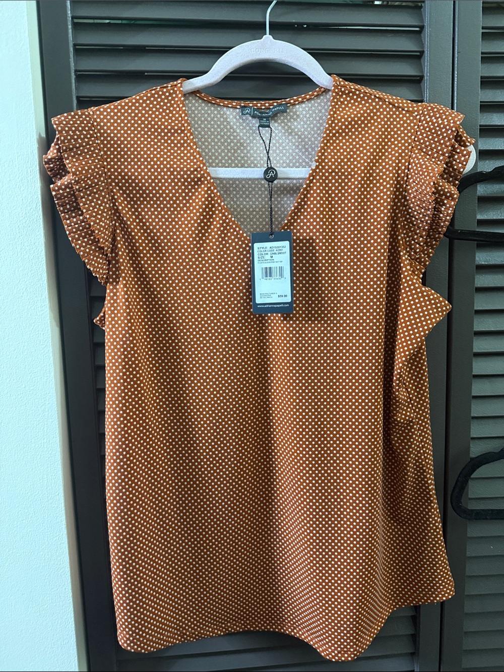 Adrianna Papell Rust Polka Dot Ruffle Sleeve V-Neck Blouse
